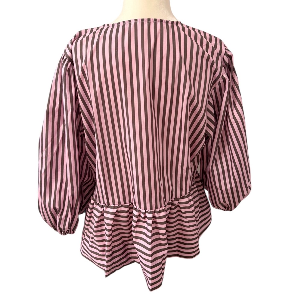 NEW Pink Striped Bow Front Large Peplum Blouse Puff Sleeve Top Coquette - Picture 6 of 8